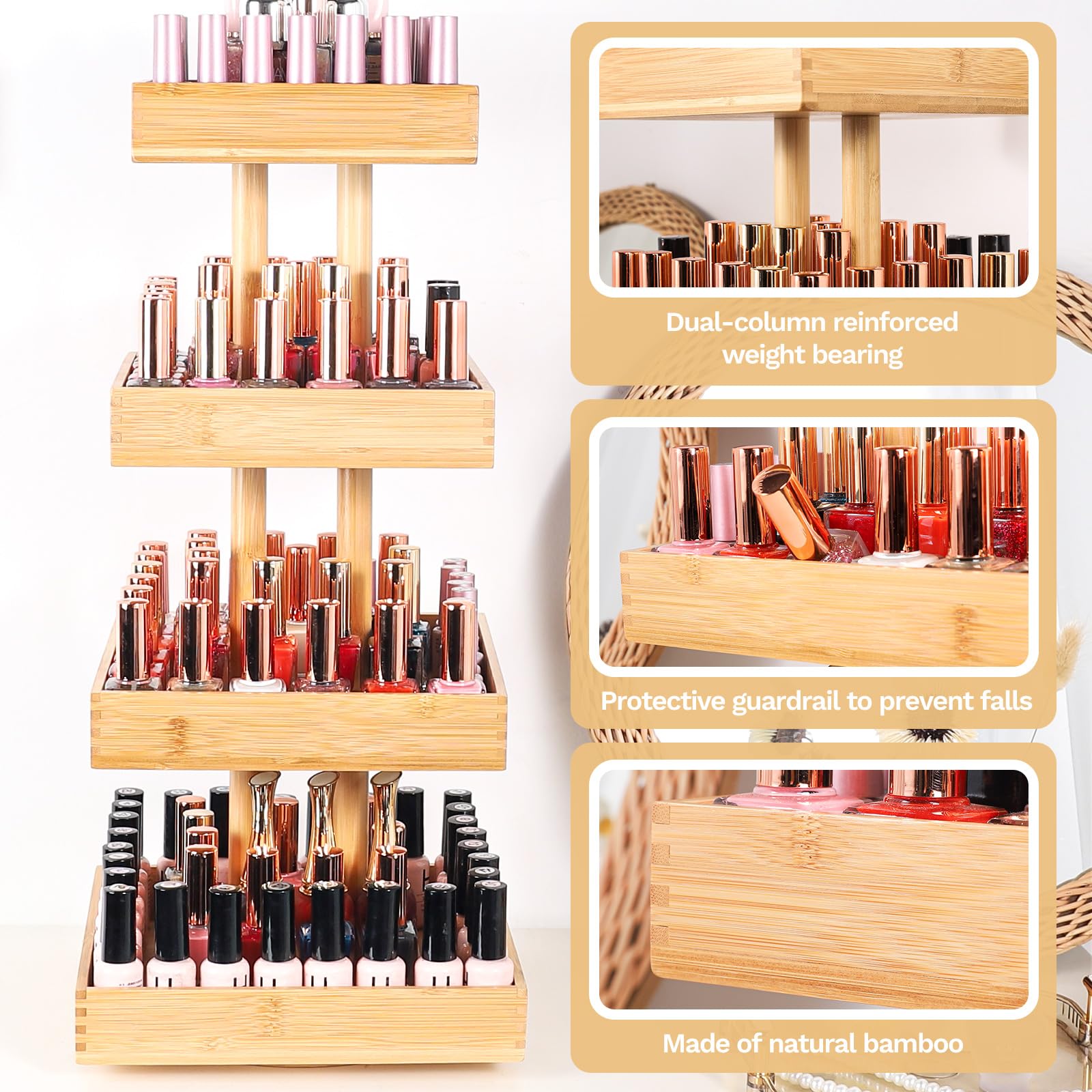 Homde 360° Rotating Nail Polish Organizer, 4-Tier Bamboo Display Rack-Homde