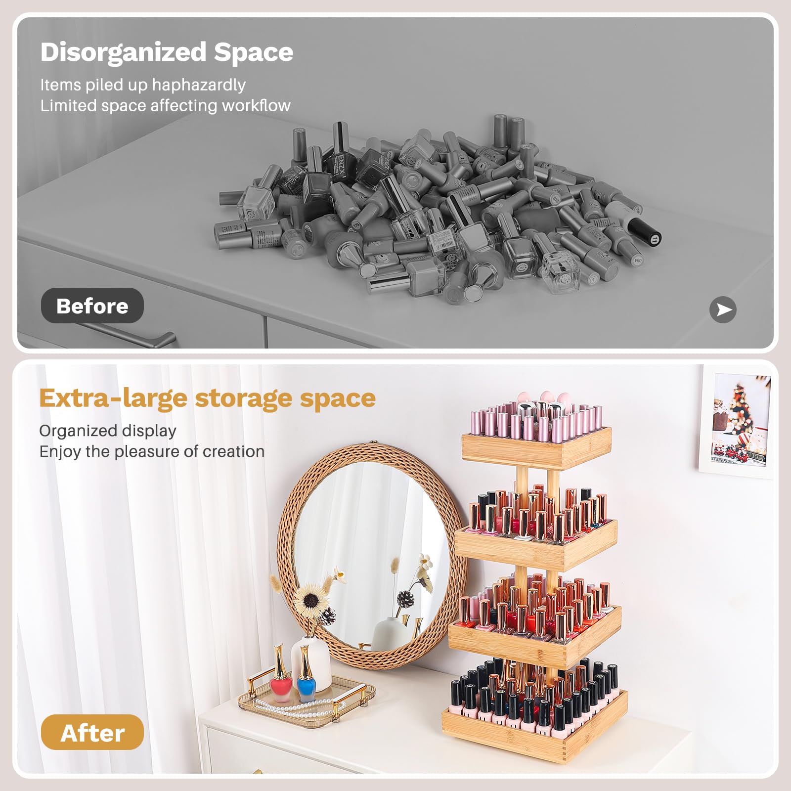 Homde 360° Rotating Nail Polish Organizer, 4-Tier Bamboo Display Rack-Homde