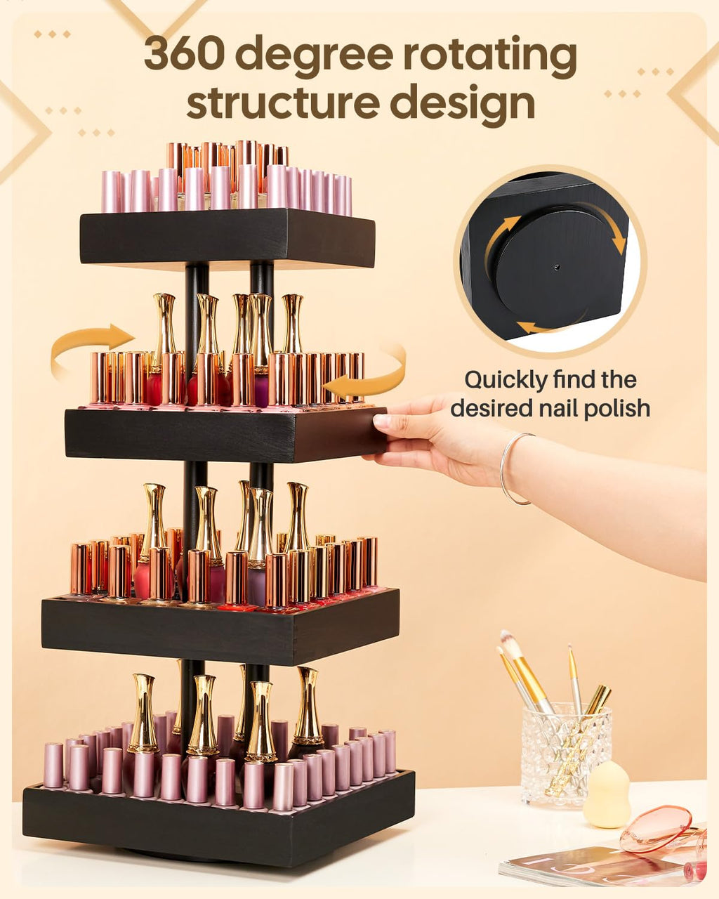 Homde 360° Rotating Nail Polish Organizer, 4-Tier Bamboo Display Rack-Homde