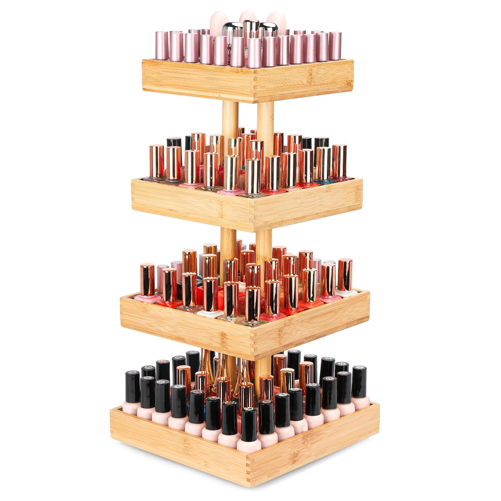 Homde 360° Rotating Nail Polish Organizer, 4-Tier Bamboo Display Rack-Homde