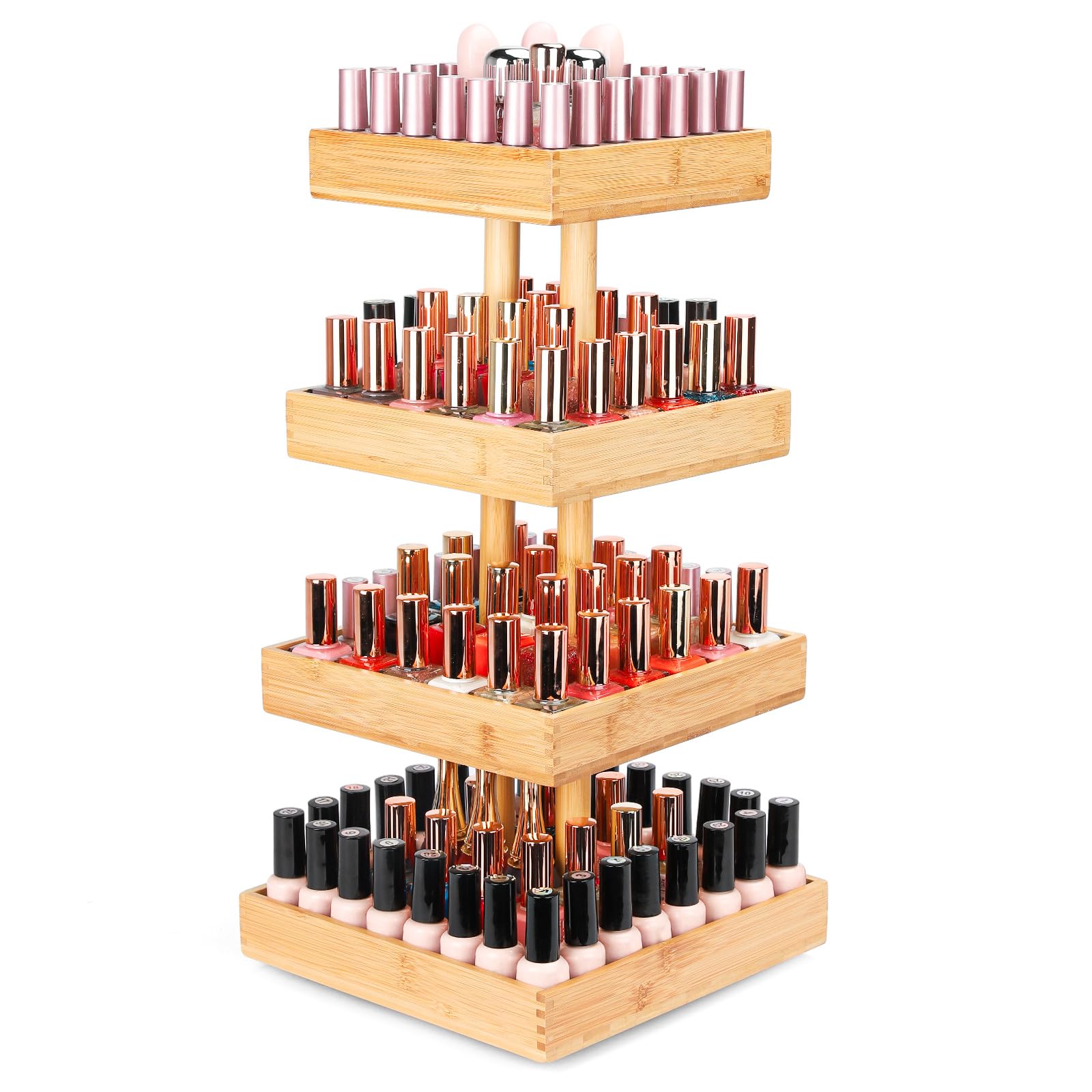 Homde 360° Rotating Nail Polish Organizer, 4-Tier Bamboo Display Rack-Homde