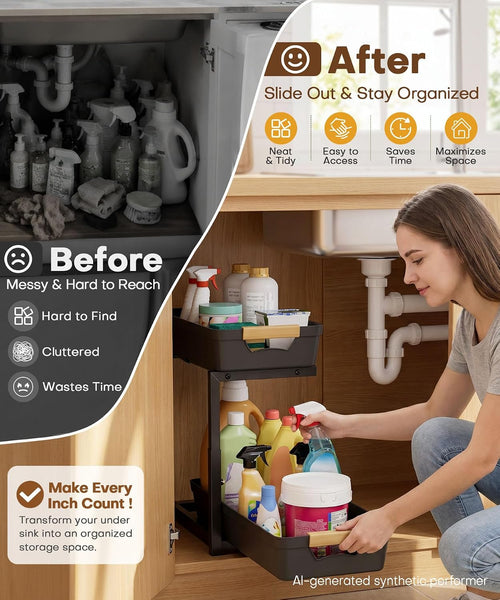 Homde 2-Pack Sliding Under Sink Organizer with Adjustable 2-Tier Pull-Out Baskets-Homde