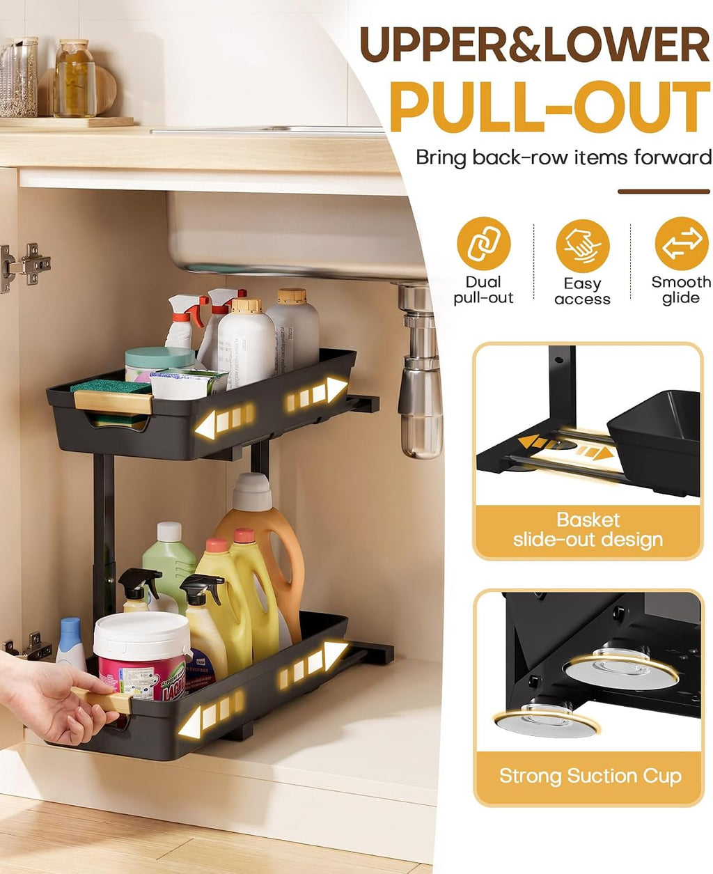 Homde 2-Pack Sliding Under Sink Organizer with Adjustable 2-Tier Pull-Out Baskets-Homde