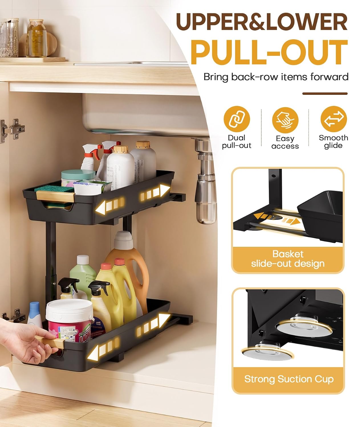 Homde 2-Pack Sliding Under Sink Organizer with Adjustable 2-Tier Pull-Out Baskets-Homde