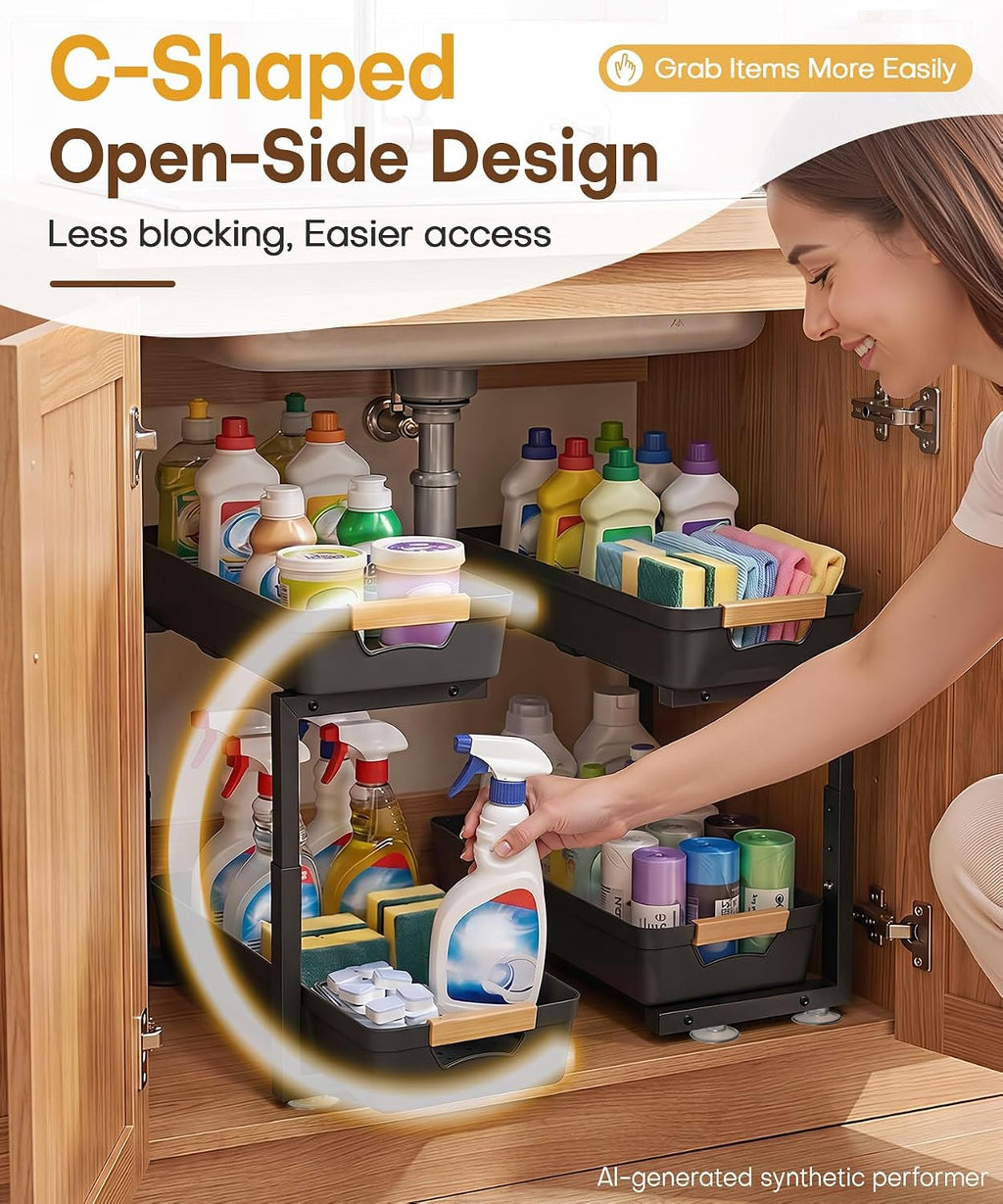 Homde 2-Pack Sliding Under Sink Organizer with Adjustable 2-Tier Pull-Out Baskets-Homde