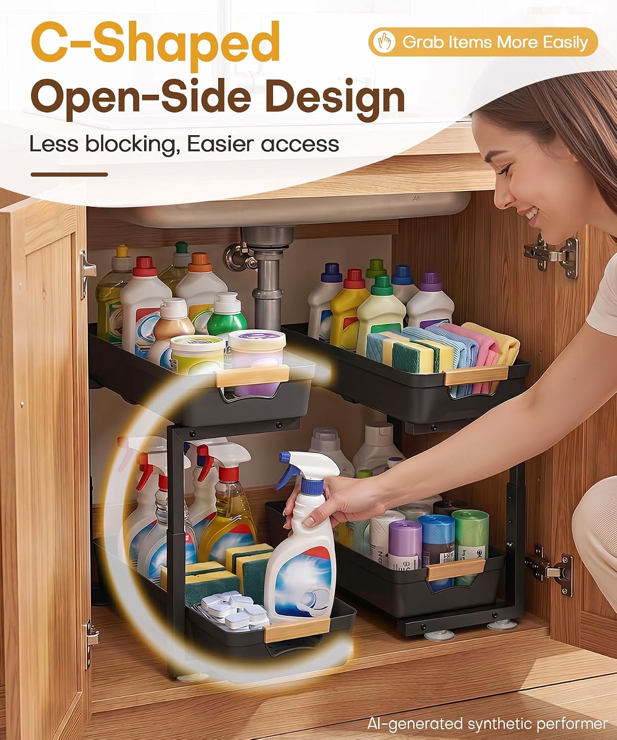 Homde 2-Pack Sliding Under Sink Organizer with Adjustable 2-Tier Pull-Out Baskets-Homde