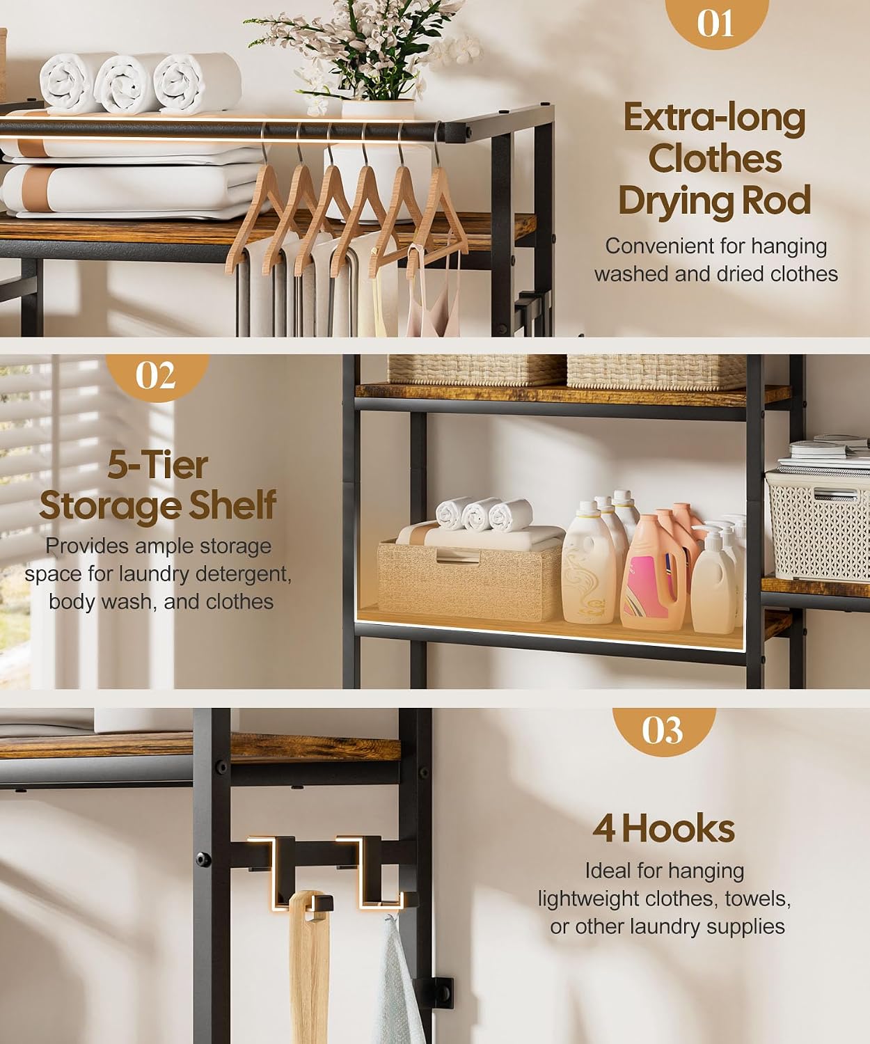 Homde Over Washer and Dryer Storage Shelf with Hanging Rod and 5 Tiers-Homde