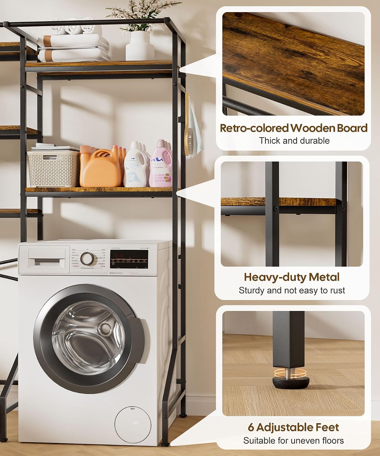 Homde Over Washer and Dryer Storage Shelf with Hanging Rod and 5 Tiers-Homde