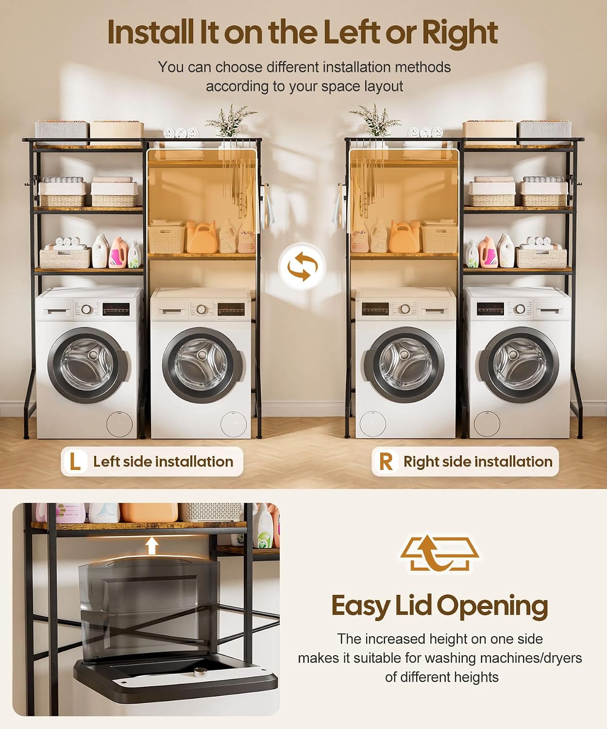 Homde Over Washer and Dryer Storage Shelf with Hanging Rod and 5 Tiers-Homde