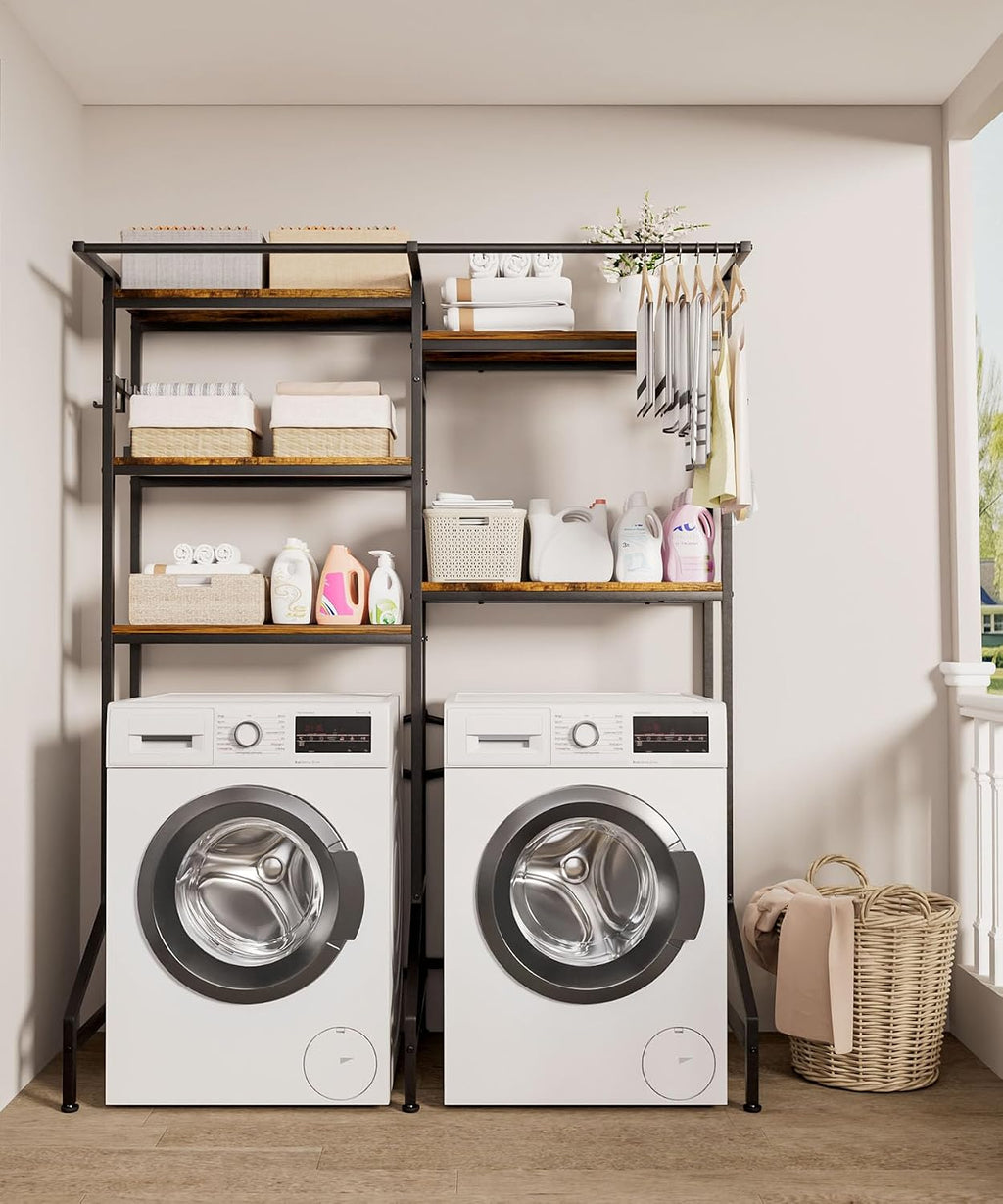 Homde Over Washer and Dryer Storage Shelf with Hanging Rod and 5 Tiers-Homde
