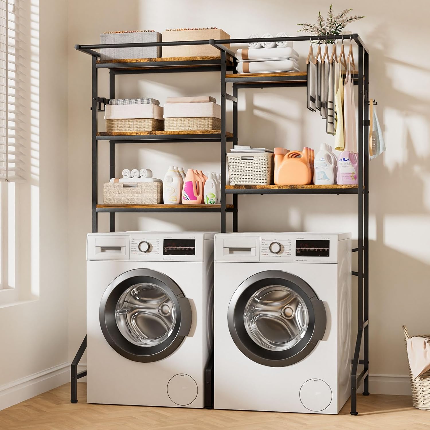 Homde Over Washer and Dryer Storage Shelf with Hanging Rod and 5 Tiers-Homde