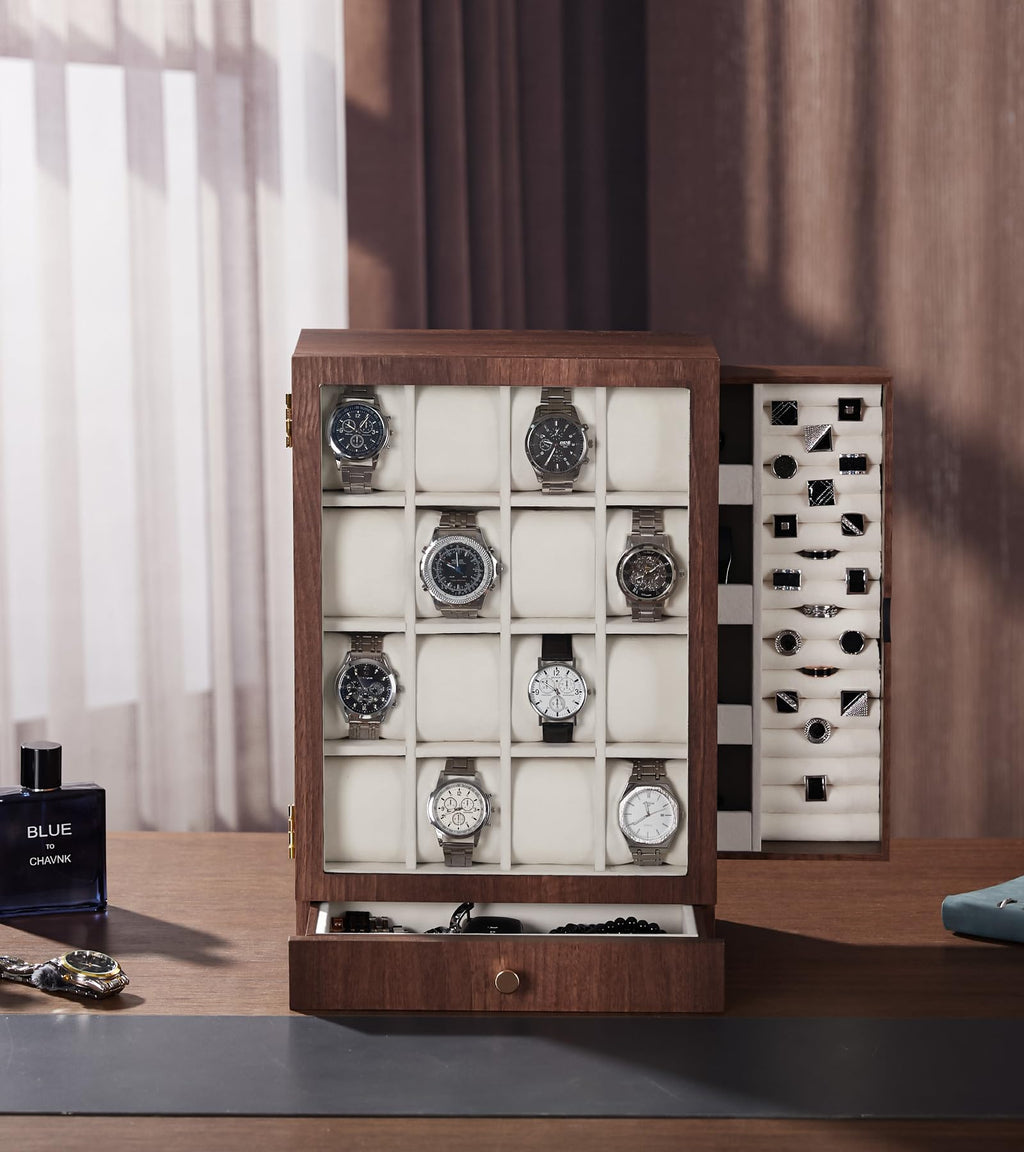 Homde Wooden Watch Box with Glass Window and 2 Drawers-Homde