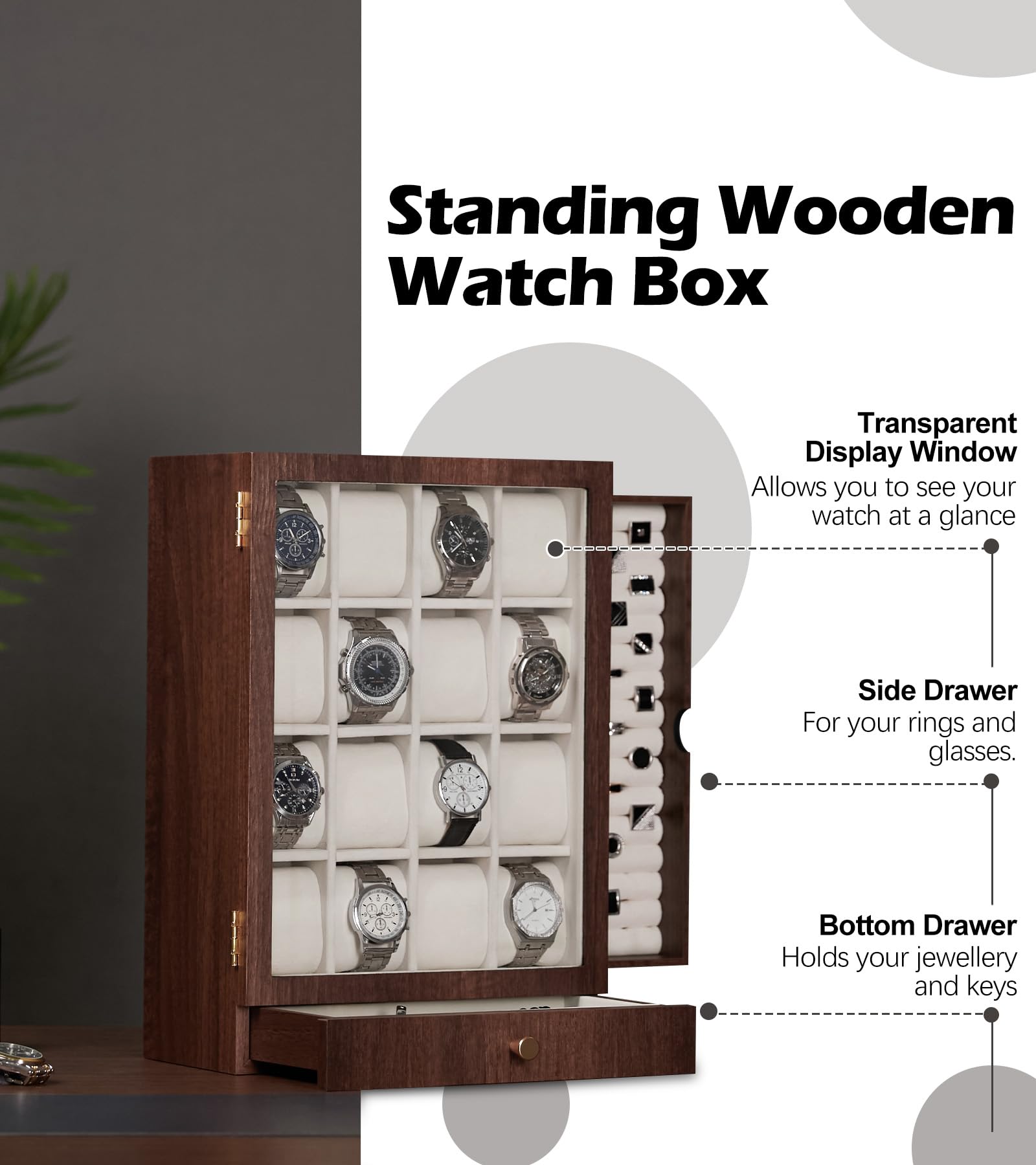 Homde Wooden Watch Box with Glass Window and 2 Drawers-Homde