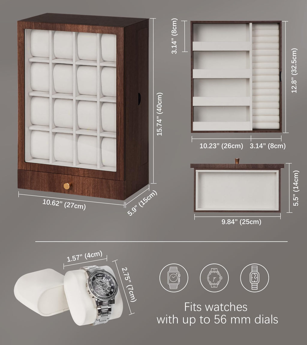Homde Wooden Watch Box with Glass Window and 2 Drawers-Homde