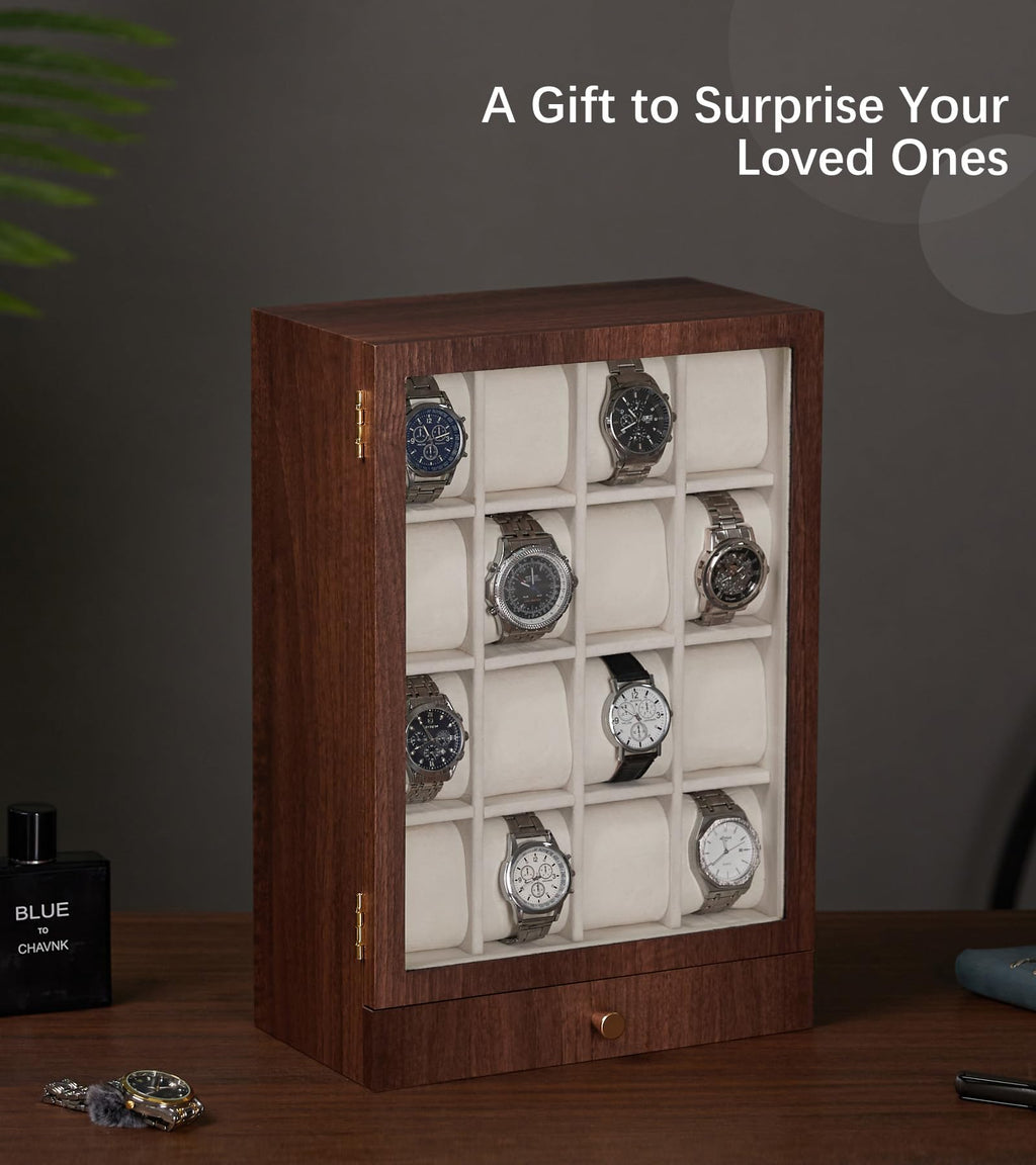Homde Wooden Watch Box with Glass Window and 2 Drawers-Homde
