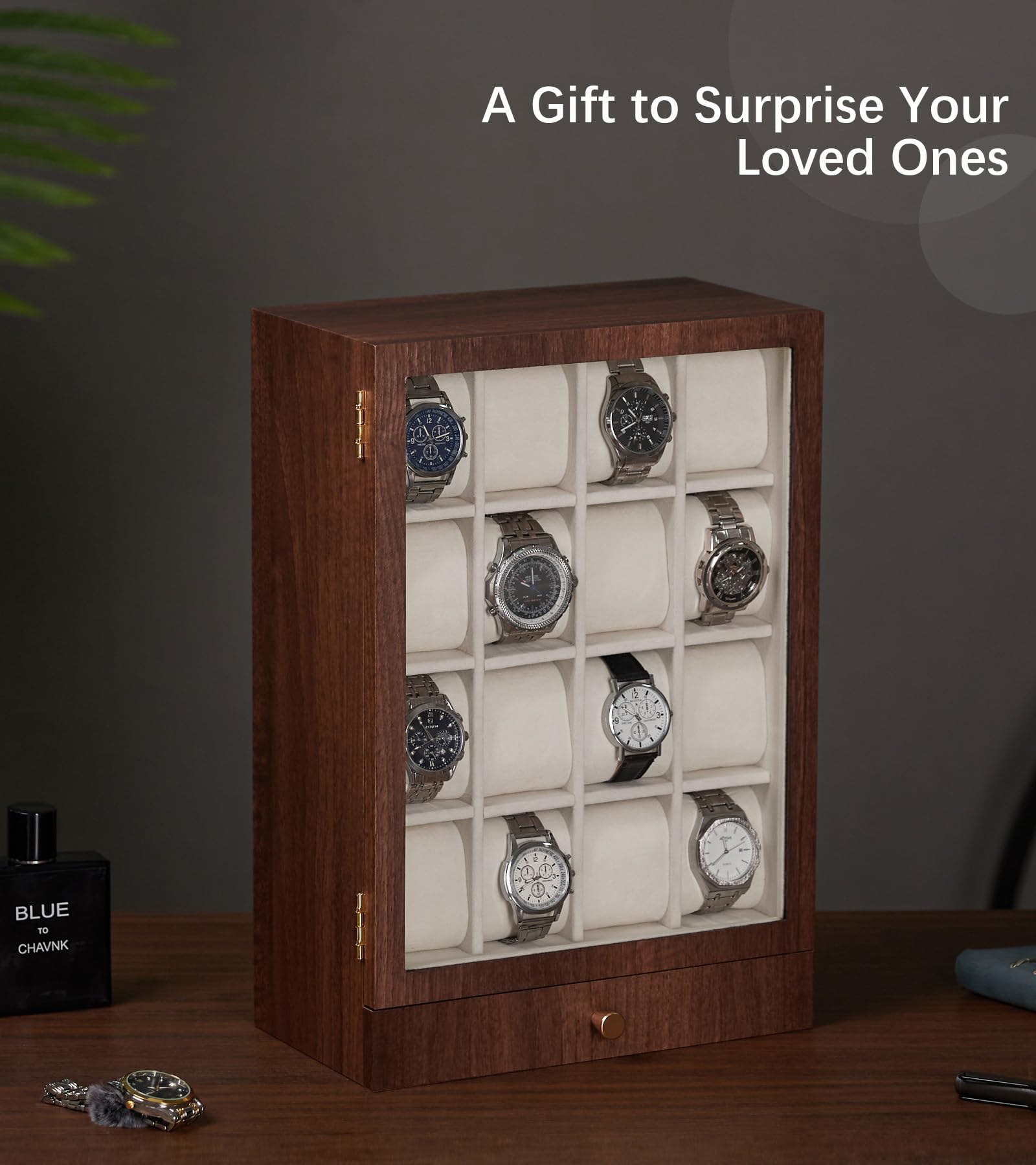 Homde Wooden Watch Box with Glass Window and 2 Drawers-Homde