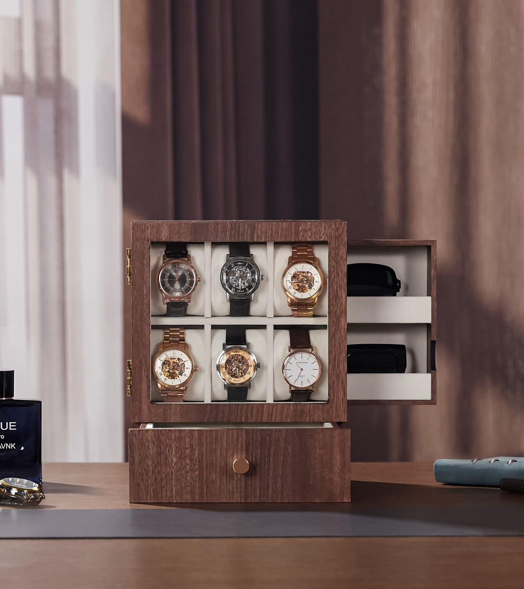 Homde Wooden Watch Box with Glass Window and 2 Drawers-Homde