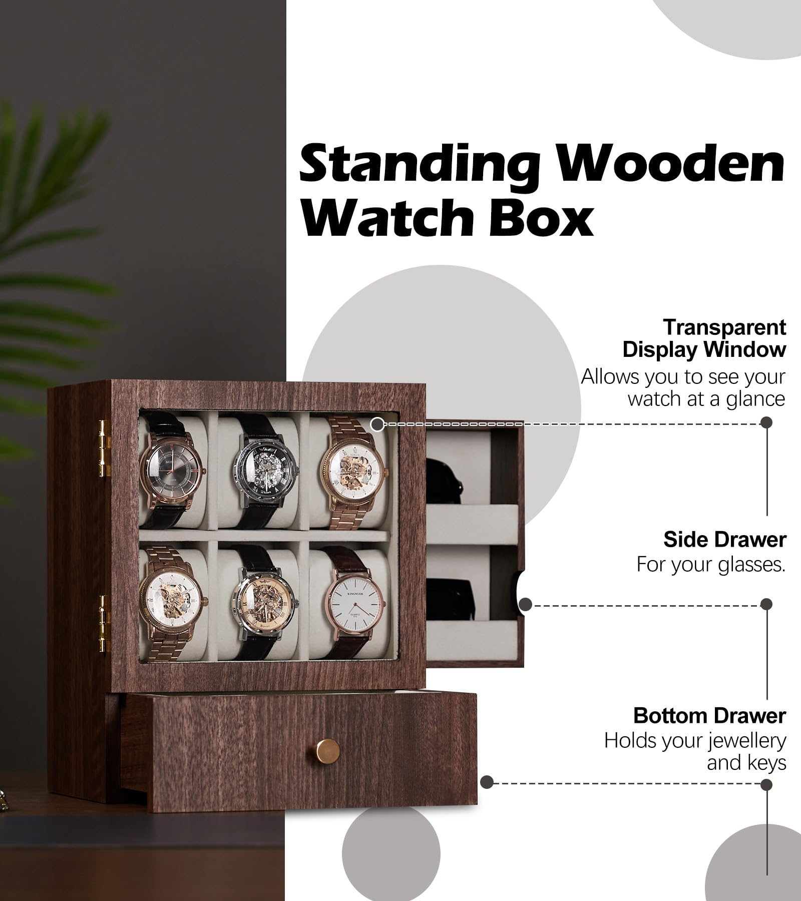 Homde Wooden Watch Box with Glass Window and 2 Drawers-Homde