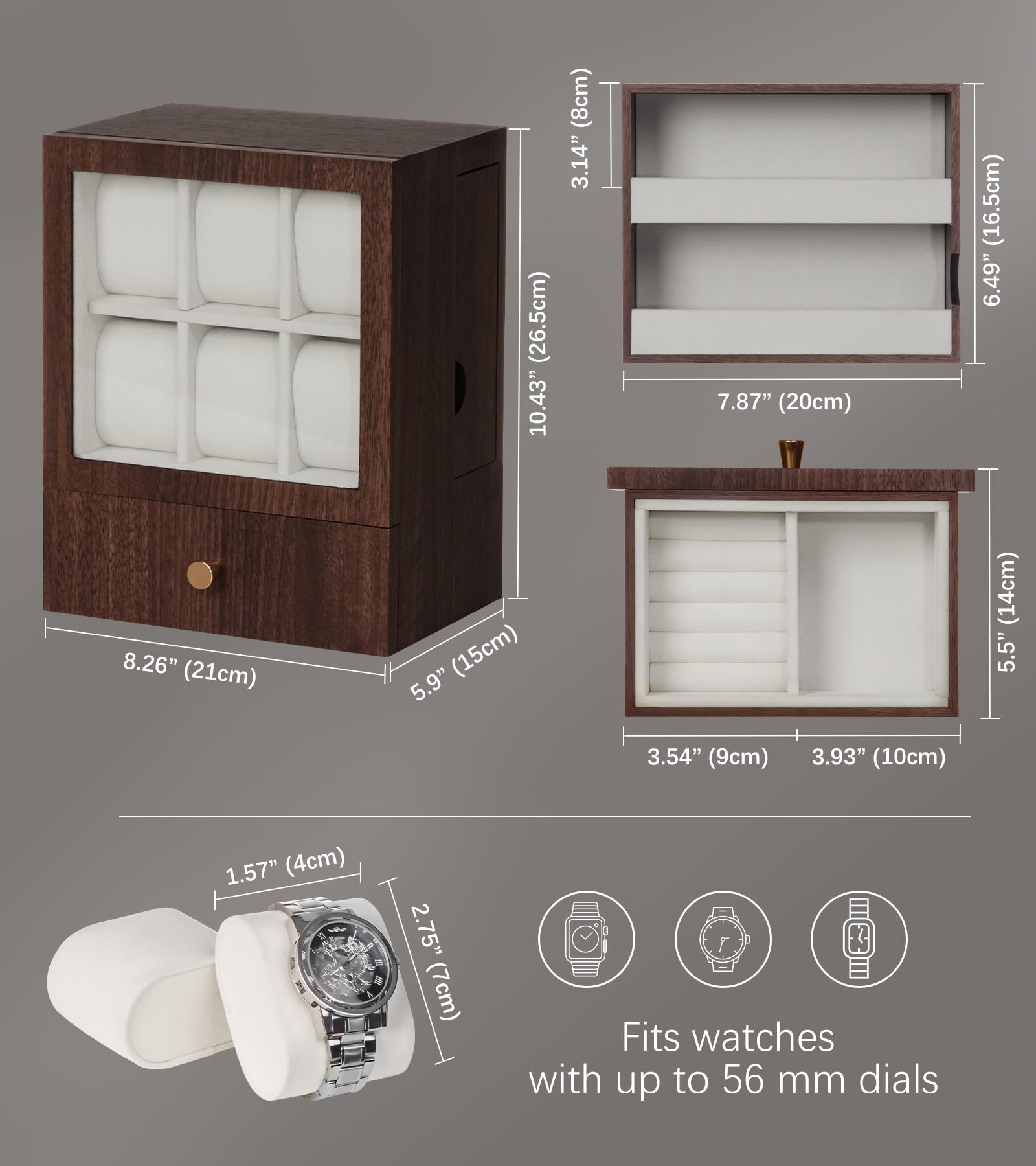 Homde Wooden Watch Box with Glass Window and 2 Drawers-Homde