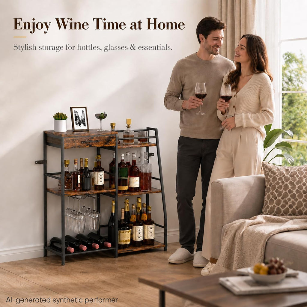 Homde Floor Standing Wine Rack with Glass Holder, Shelf and Fabric Drawer-HS037-UT124-2-Homde
