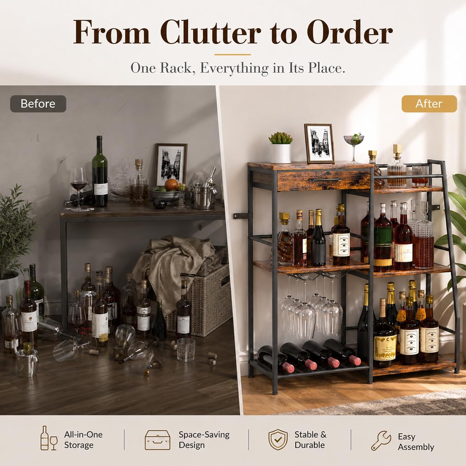 Homde Floor Standing Wine Rack with Glass Holder, Shelf and Fabric Drawer-HS037-UT124-6-Homde