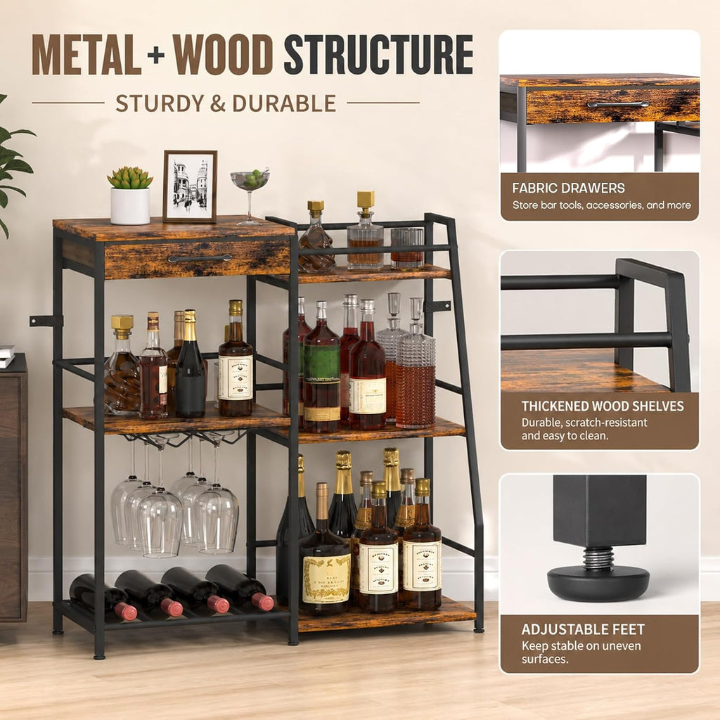 Homde Floor Standing Wine Rack with Glass Holder, Shelf and Fabric Drawer-HS037-UT124-7-Homde