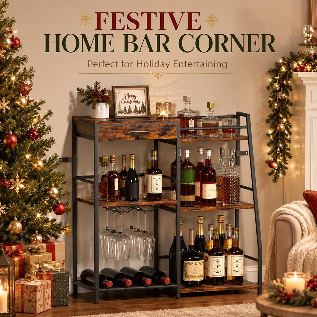 Homde Floor Standing Wine Rack with Glass Holder, Shelf and Fabric Drawer-HS037-UT124-9-Homde