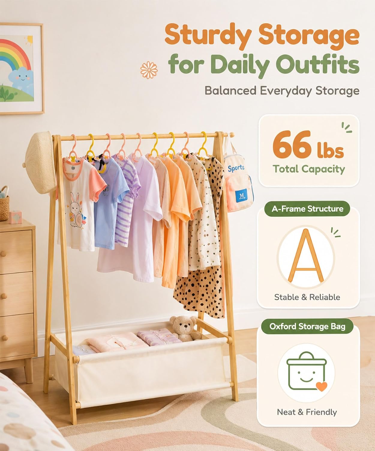 Homde Kids Bamboo Clothes Rack with Storage Bag and Side Hooks-Homde