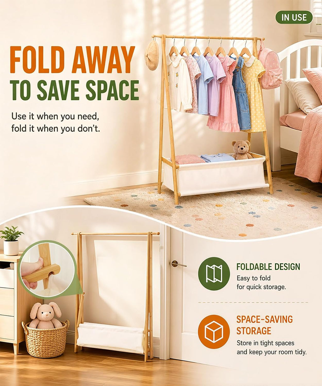 Homde Kids Bamboo Clothes Rack with Storage Bag and Side Hooks-Homde