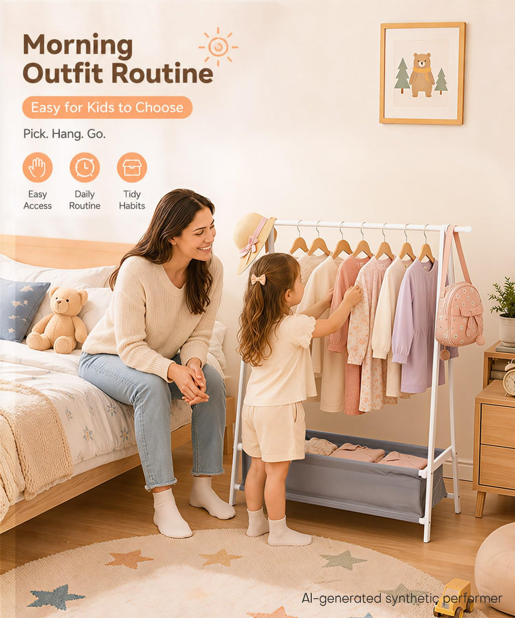Homde Kids Bamboo Clothes Rack with Storage Bag and Side Hooks-Homde