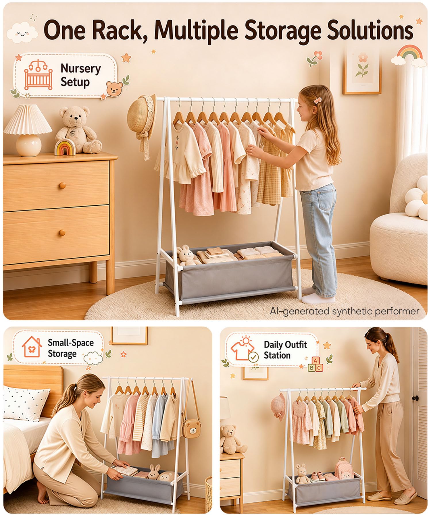 Homde Kids Bamboo Clothes Rack with Storage Bag and Side Hooks-Homde