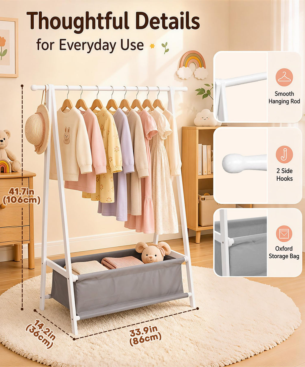 Homde Kids Bamboo Clothes Rack with Storage Bag and Side Hooks-Homde