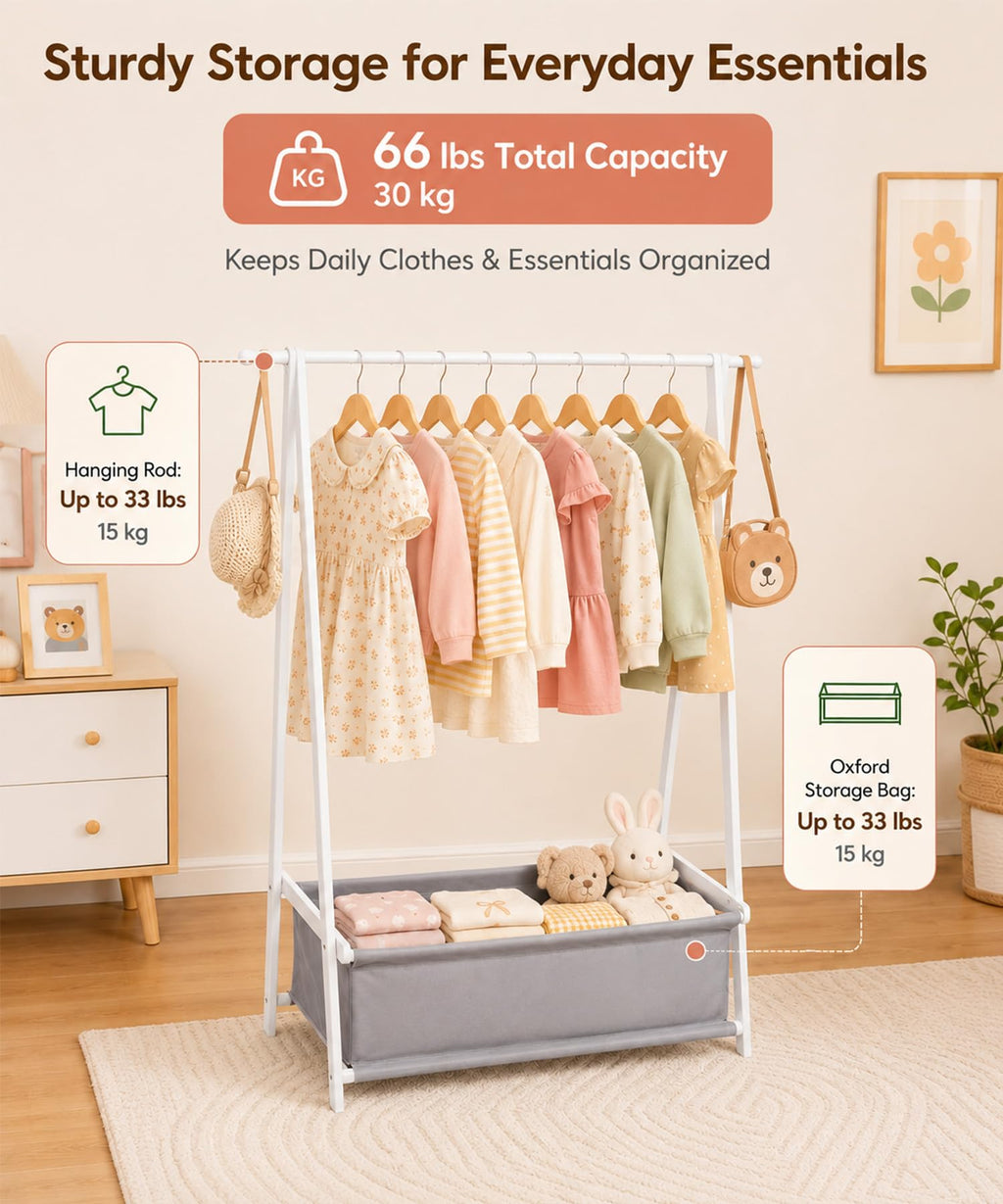Homde Kids Bamboo Clothes Rack with Storage Bag and Side Hooks-Homde