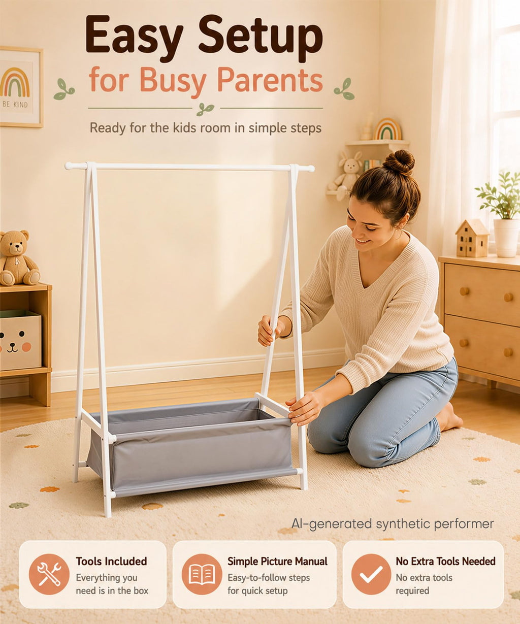 Homde Kids Bamboo Clothes Rack with Storage Bag and Side Hooks-Homde
