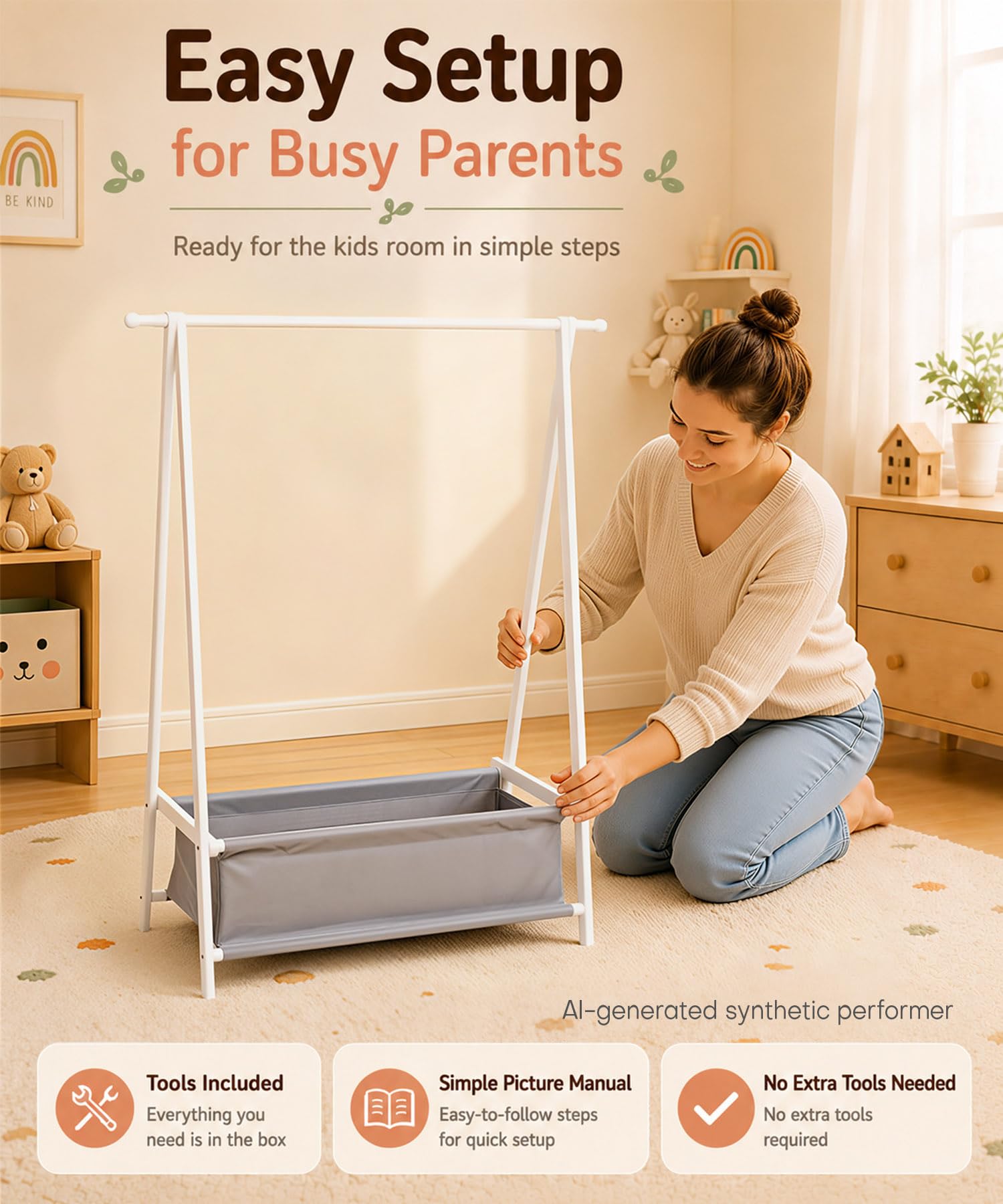 Homde Kids Bamboo Clothes Rack with Storage Bag and Side Hooks-Homde