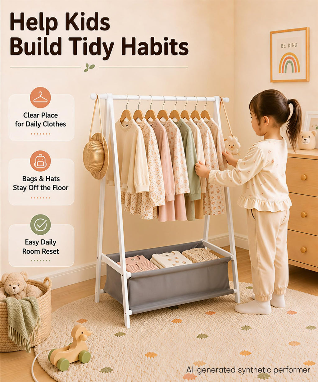Homde Kids Bamboo Clothes Rack with Storage Bag and Side Hooks-Homde
