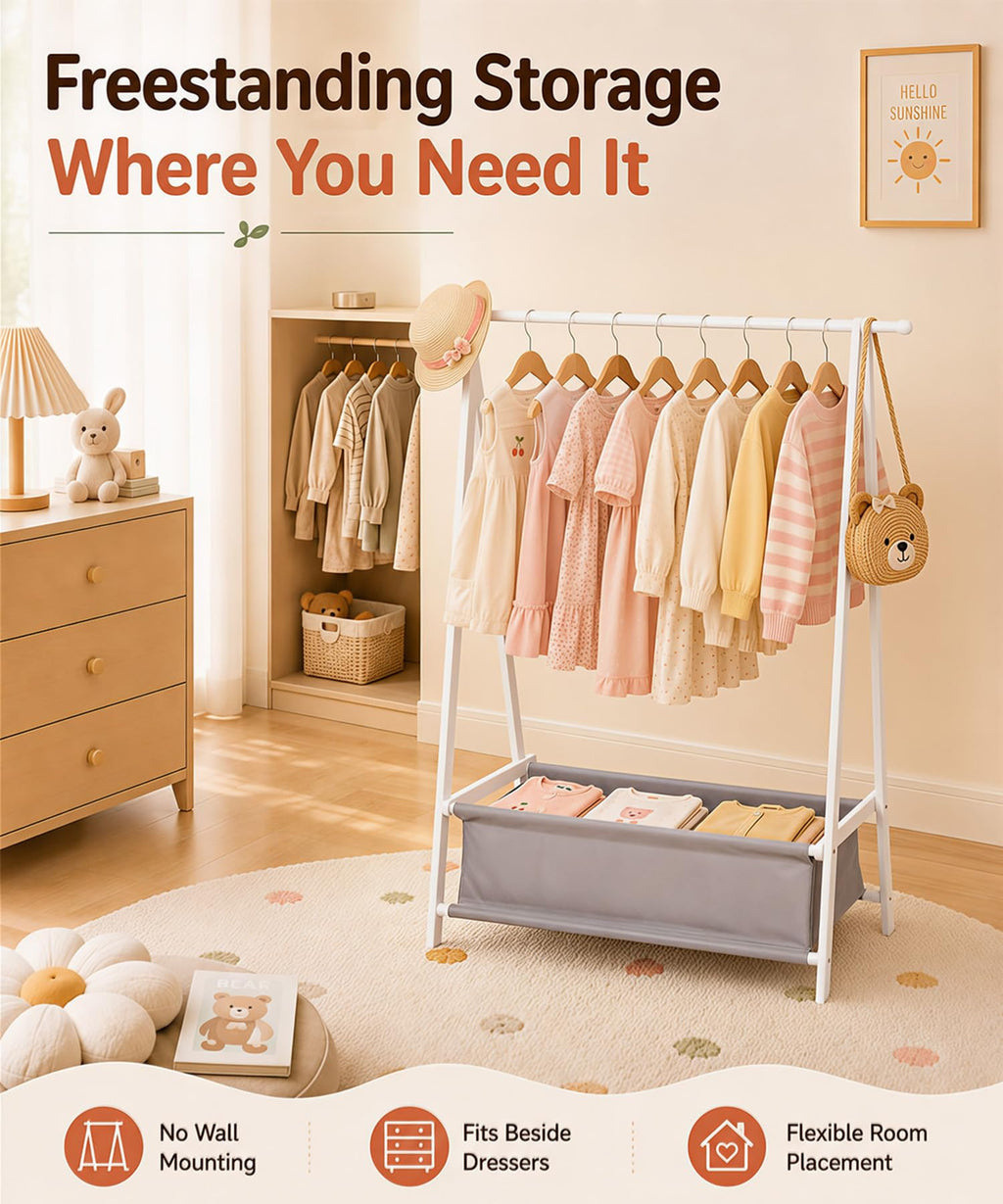 Homde Kids Bamboo Clothes Rack with Storage Bag and Side Hooks-Homde