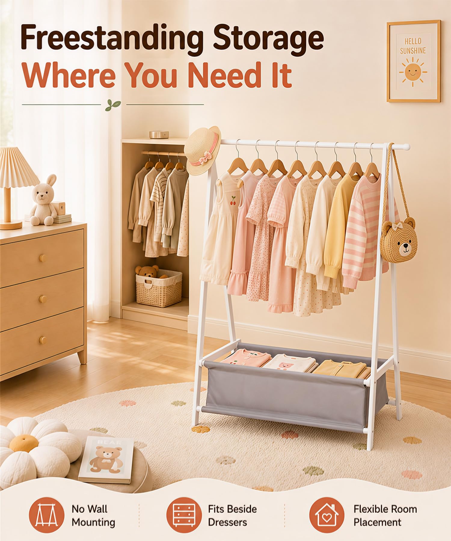 Homde Kids Bamboo Clothes Rack with Storage Bag and Side Hooks-Homde
