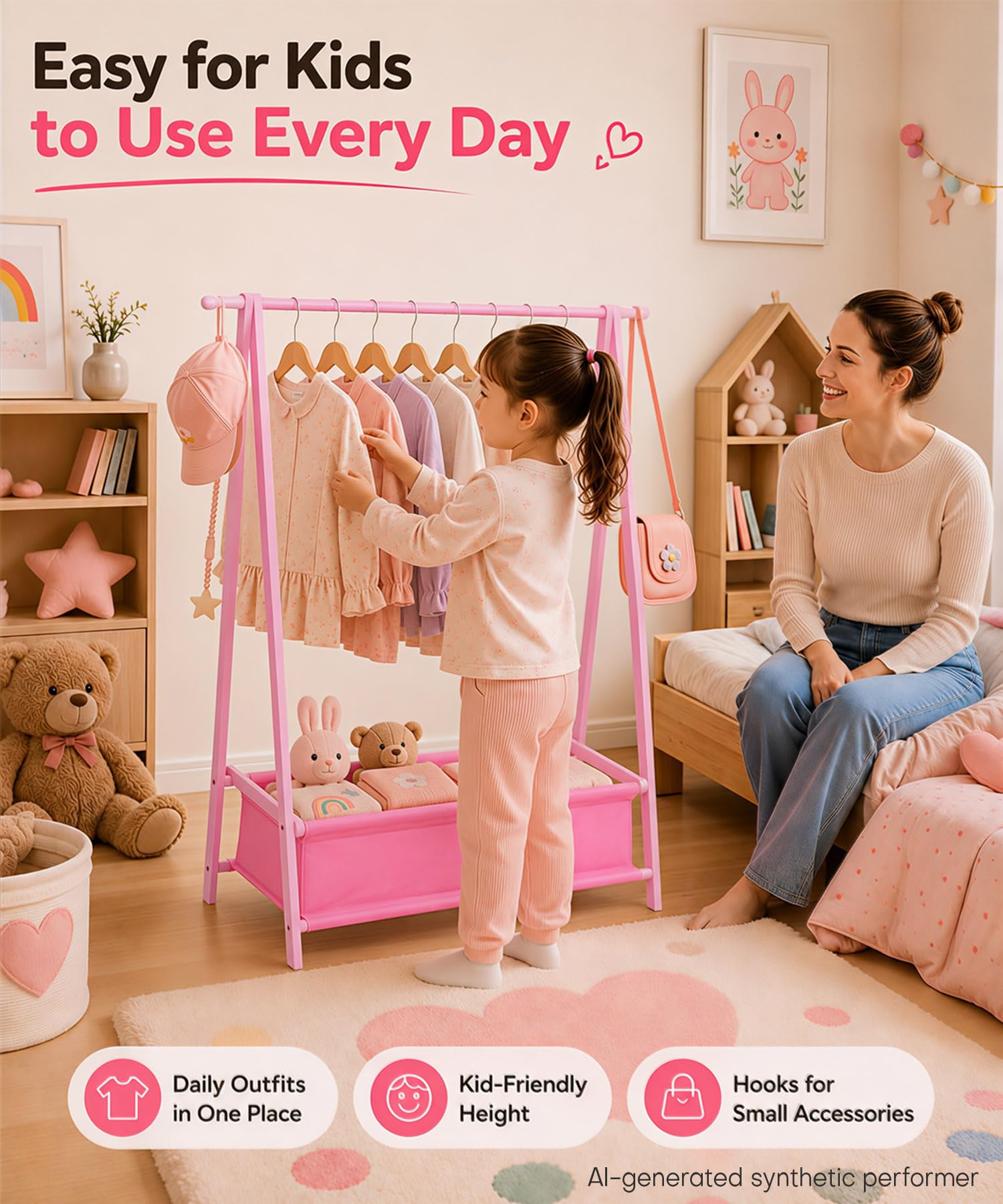 Homde Kids Bamboo Clothes Rack with Storage Bag and Side Hooks-Homde