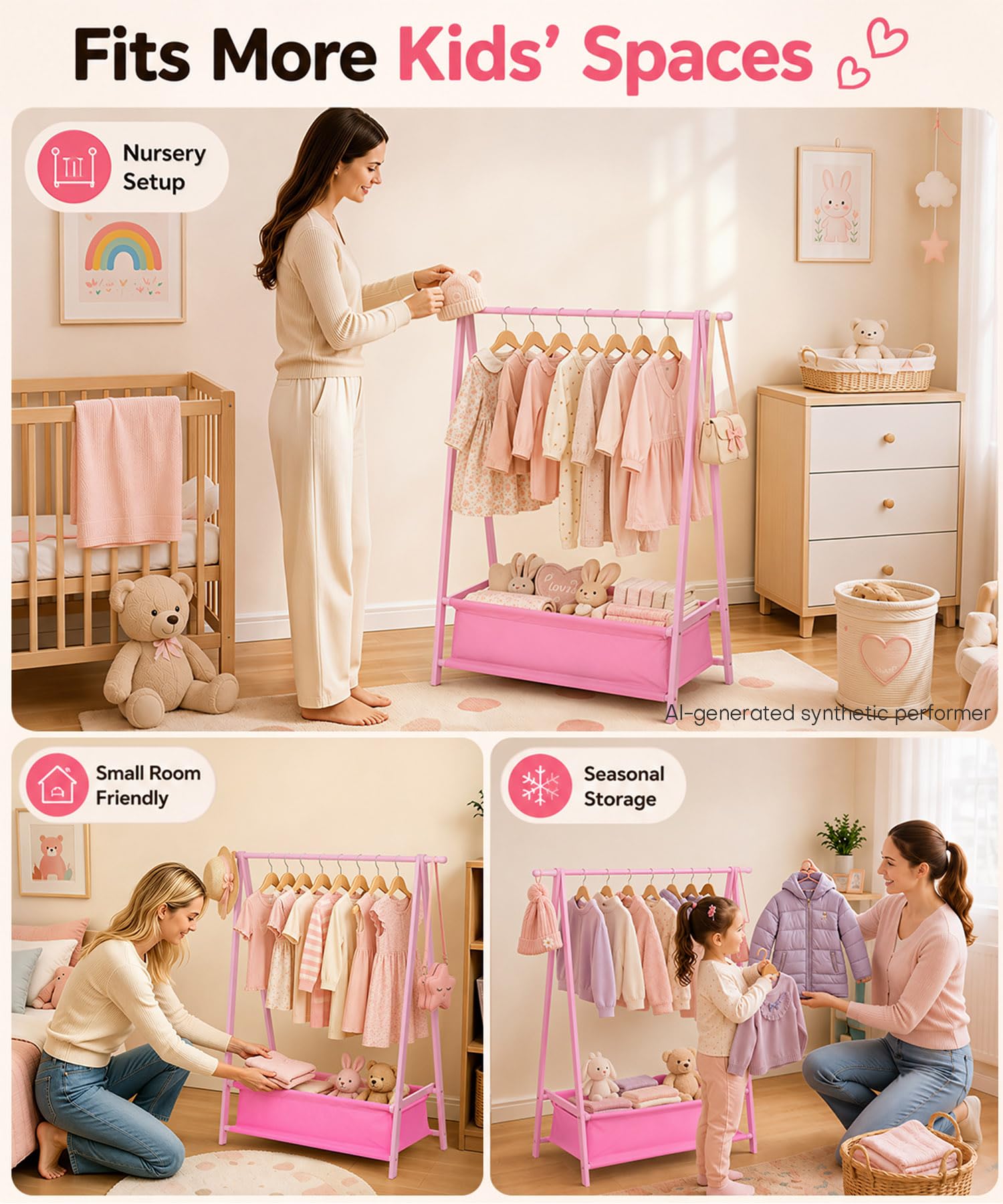 Homde Kids Bamboo Clothes Rack with Storage Bag and Side Hooks-Homde