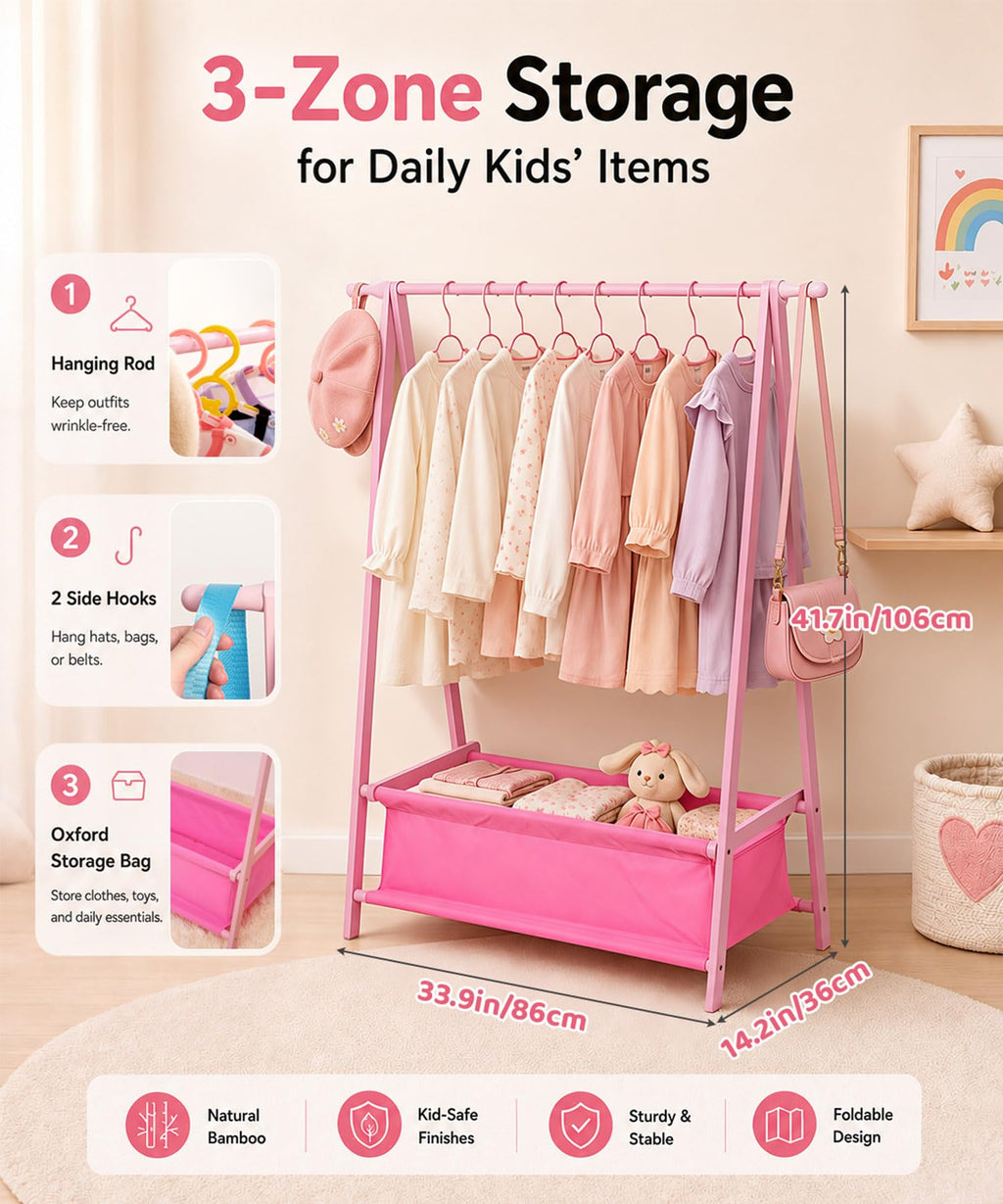 Homde Kids Bamboo Clothes Rack with Storage Bag and Side Hooks-Homde