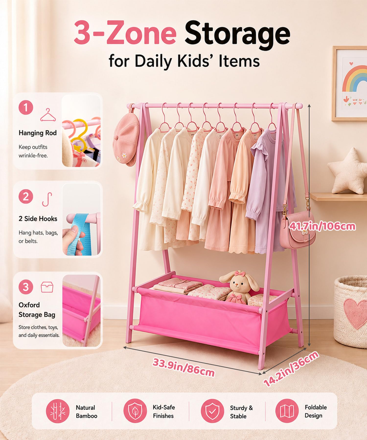 Homde Kids Bamboo Clothes Rack with Storage Bag and Side Hooks-Homde
