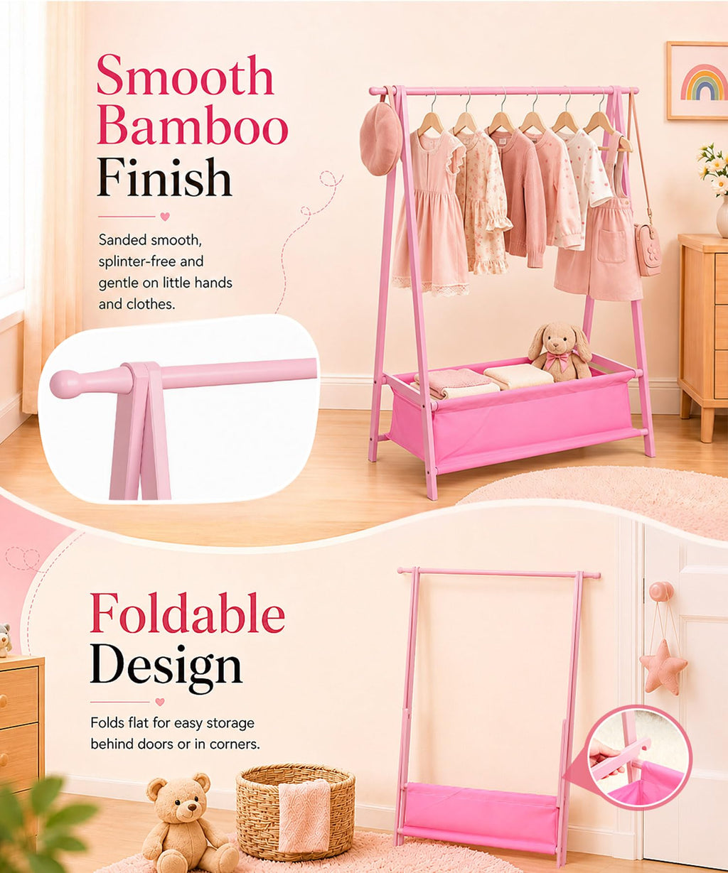Homde Kids Bamboo Clothes Rack with Storage Bag and Side Hooks-Homde
