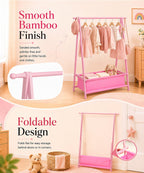Homde Kids Bamboo Clothes Rack with Storage Bag and Side Hooks-Homde