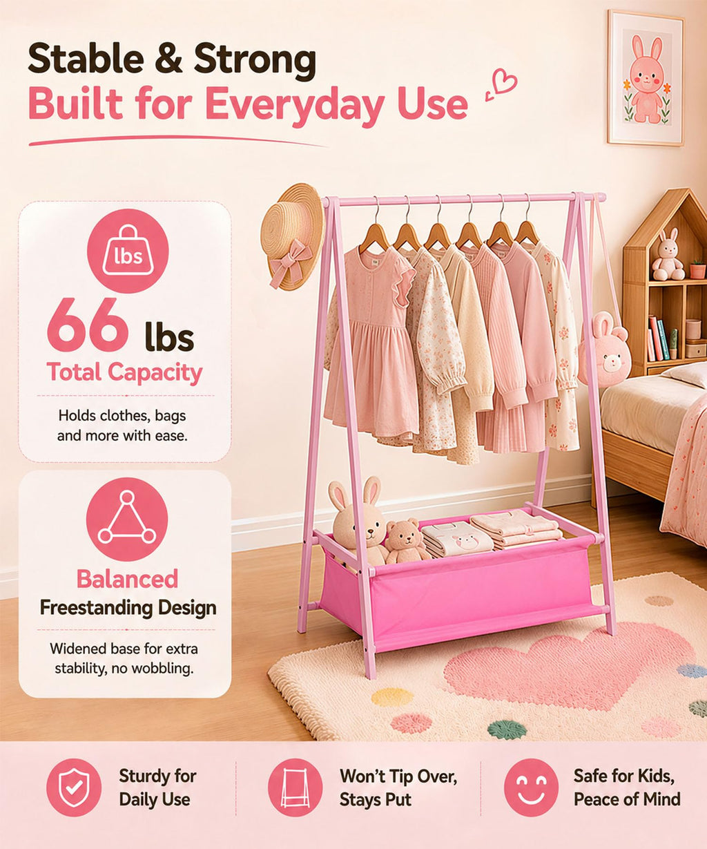 Homde Kids Bamboo Clothes Rack with Storage Bag and Side Hooks-Homde