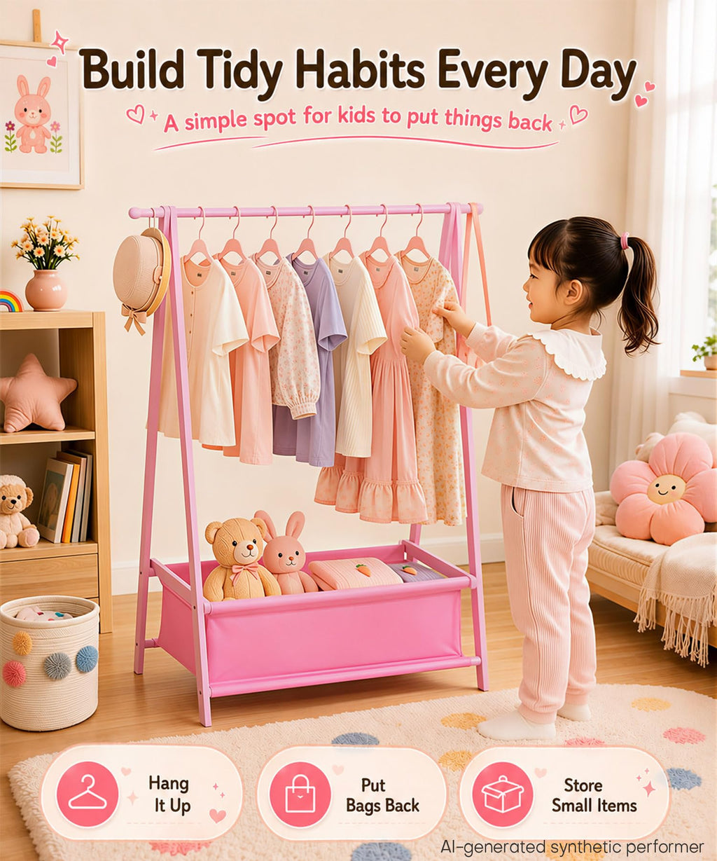 Homde Kids Bamboo Clothes Rack with Storage Bag and Side Hooks-Homde