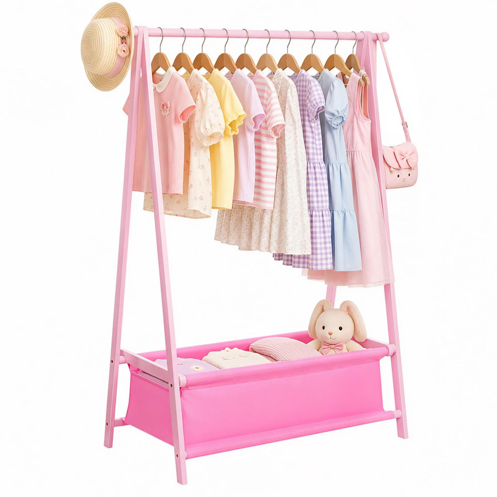 Homde Kids Bamboo Clothes Rack with Storage Bag and Side Hooks-Homde