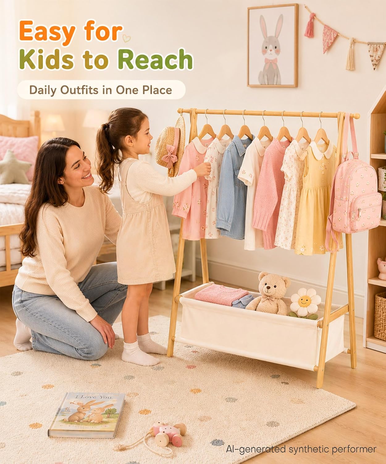 Homde Kids Bamboo Clothes Rack with Storage Bag and Side Hooks-Homde