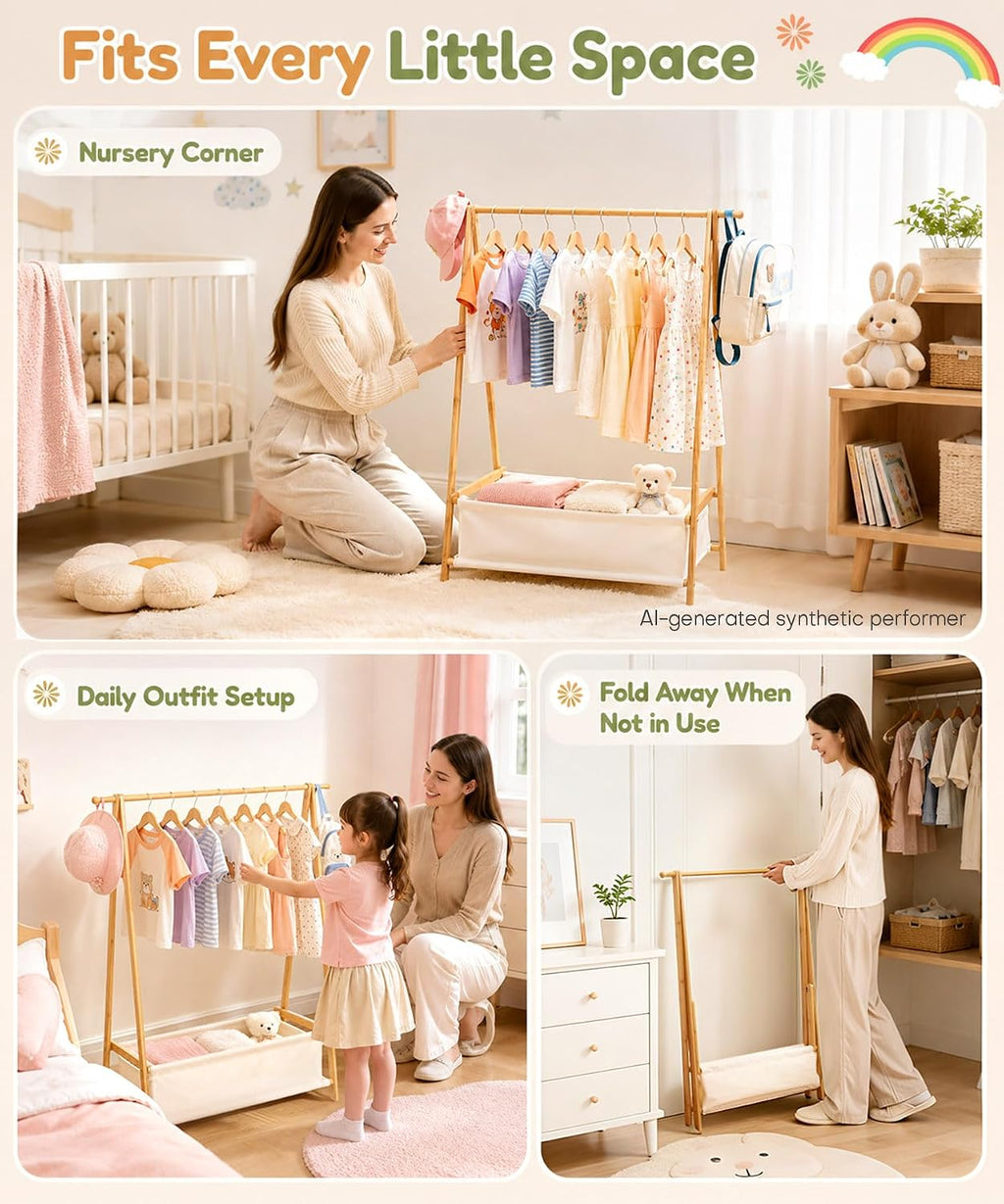 Homde Kids Bamboo Clothes Rack with Storage Bag and Side Hooks-Homde