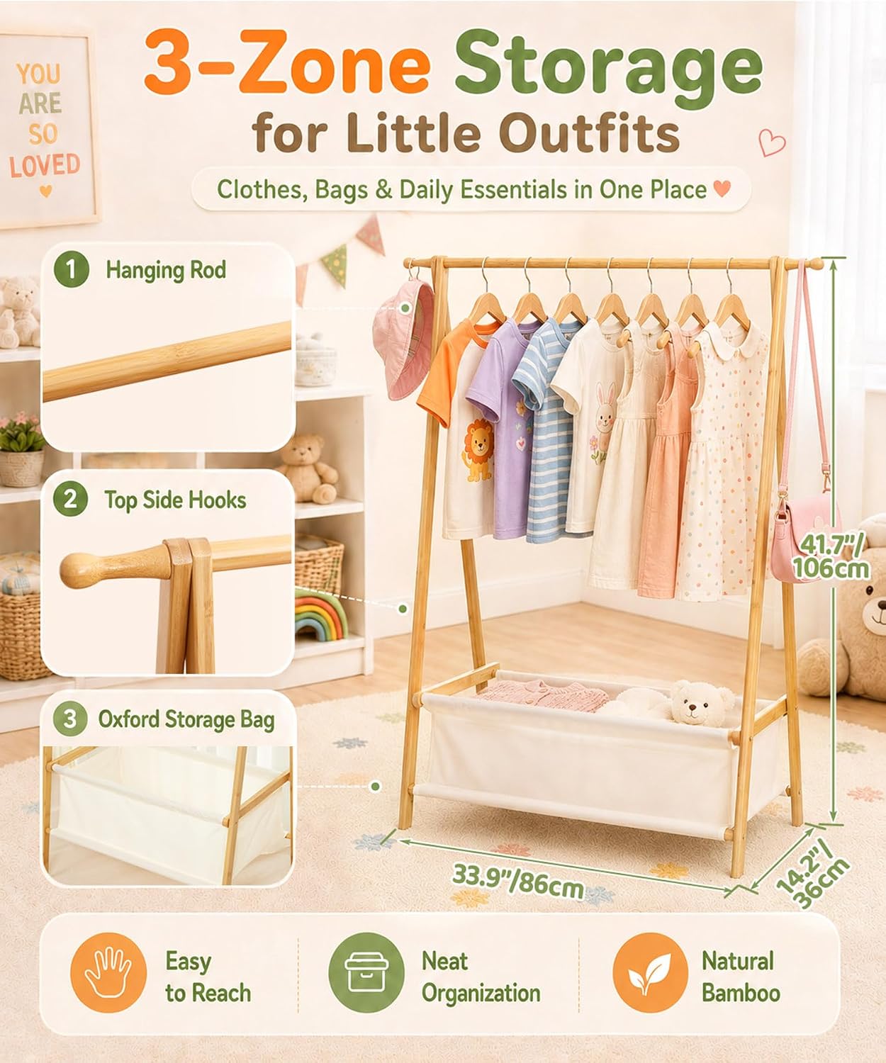 Homde Kids Bamboo Clothes Rack with Storage Bag and Side Hooks-Homde